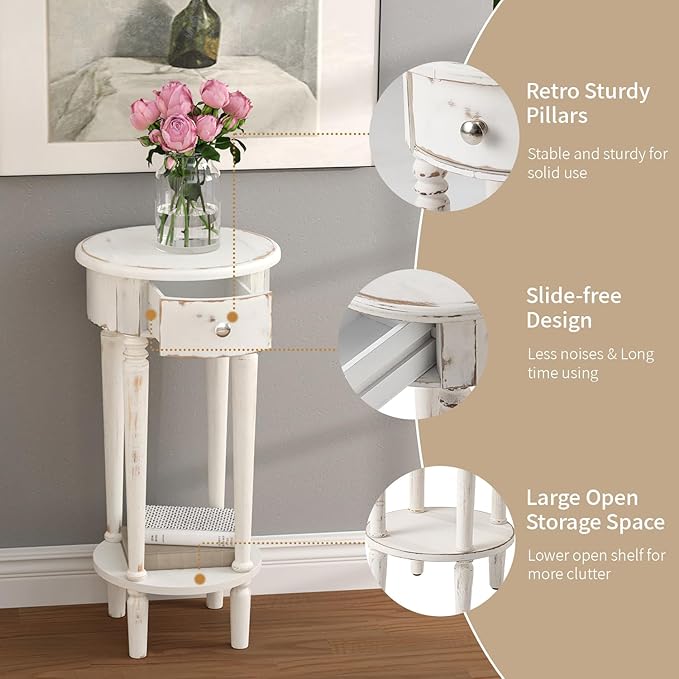 SUNBURY 28" H Tall End Table with Drawers & Lower Shelf, Round Nightstand Set of 2, Accent Side Table for Living Room, Bedroom, Small Spaces (White)