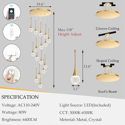 16 Light High Ceiling Crystal Chandelier Dimmable LED Pendant Lights with Remote Adjustable Chandeliers for Foyer Staircase Living Room Gold