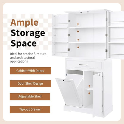 72.6" Storage Cabinet with Drawer and Door Shelf, Tilt-Out Laundry Hamper, Tall Freestanding Pantry Organizer Rack for Kitchen, Living Room or Bathroom, White