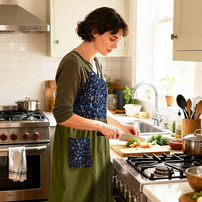 Cityelf Vintage Pinafore Apron Dress Snap Adjust Linen Cotton with Pockets Floral Aprons for Cooking Gardening