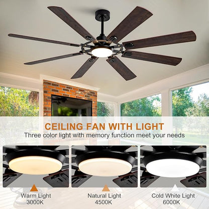 72 inch Ceiling Fans with Lights and Remote,8 Blades Black Ceiling Fan with Light, Large Air Volume, Reversible Quiet DC Motor, Modern Ceiling Fans for Indoor Outdoor Living Room Large Room