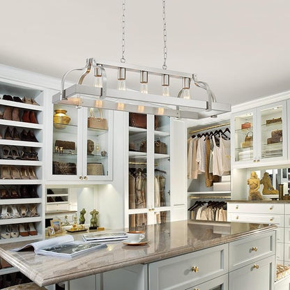 WUZUPS 5-Light Metal Pot Hanging Rack Chandelier Linear Pendant Ceiling Lighting Rustic Farmhouse Fixture Kitchen Island Dining Room, H 9.8" L 34.6" W11.8, E26 Base, Brushed Nickel
