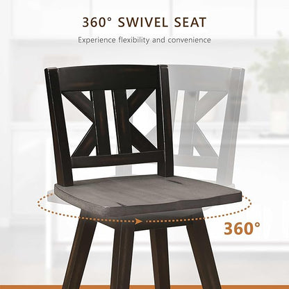Lexicon Counter Height Stools Set of 2-Solid Wood Frame 360° Swivel Wooden Stools, Foot Rest, KK Back, Wide Seat, Distressed Farmhouse Easy to Clean Finish, 24" SH, Antique Black/Grey