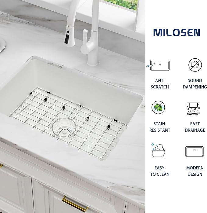 MILOSEN White Undermount Kitchen Sink, 31"x18" Granite Composite Single Bowl Kitchen Sinks, 9" Deep Large Undermount/Drop In Sink with Custom Accessories, White Quartz Kitchen Sinks for Modern Kitchen