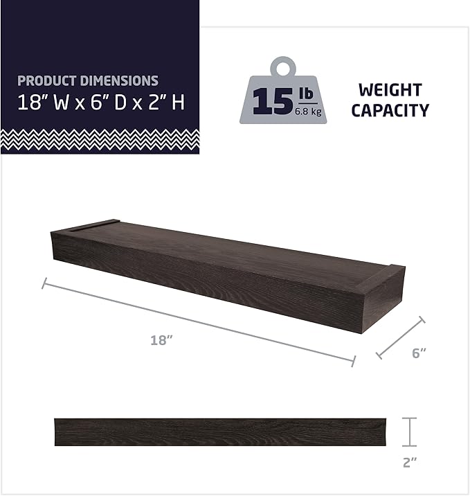 HIGH & MIGHTY 515653 Modern 18" Floating Shelf Holds up to 15lbs, Easy Tool-Free Dry Wall Installation, Flat, eCommerce Packaging, Espresso