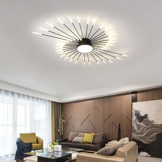 JAYMP 50.4" Ceiling Light Modern Flower Shape Ceiling Lamp for Living Room Dining Room Flush Mount Metal Acrylic Sputnik Firework Petal LED Lighting Fixture (Matte Black, 42+1 Lights)