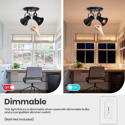 SEEBLEN 2-Light Black Track Lighting with Pull Chain, Industrial Adjustable Pull Chain Light Fixture Round Ceiling Light, Modern Flush Mount for Kitchen, Hallway, Dining Room