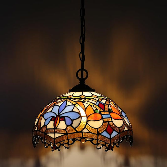 Tiffany Pendant Light Plug-in Stained Glass Hanging Lamp 12”x12”x181” Yellow Phoenix Tail Swag Light Vintage Lamp Decorative Lighting for Dining Room Living Room Kitchen Hallway