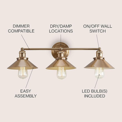 JONATHAN Y 26.5" Brass Gold 3-Light Industrial Farmhouse Metal Vanity Light Wall Sconce, Metal Shade for Bathroom Mirror, Kitchen, Entryway, LED Bulb Included (JYL7431A)