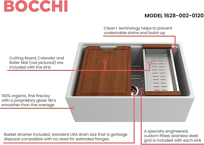 BOCCHI Contempo Workstation Apron Front Step Rim Fireclay 27 in. Single Bowl Kitchen Sink with Accessories in Matte White