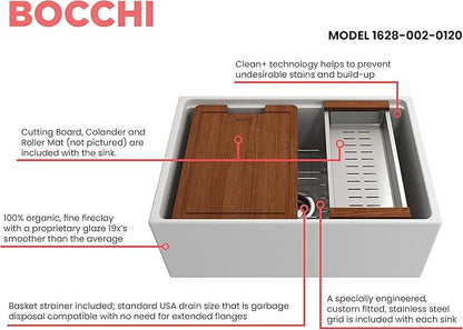 BOCCHI Contempo Workstation Apron Front Step Rim Fireclay 27 in. Single Bowl Kitchen Sink with Accessories in Matte White