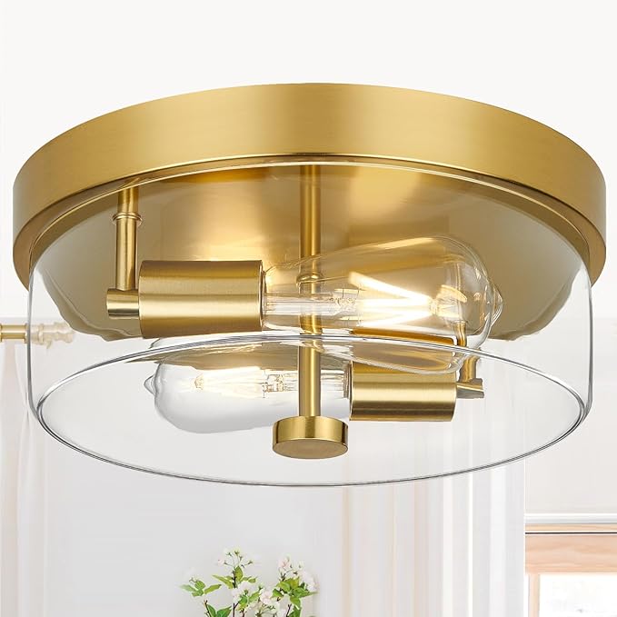 szzgco Flush Mount Ceiling Light Fixtures, 2-Light Gold Ceiling Mount for Farmhouse with Clear Glass Lampshade, Industrial Flush Mount Light Fixture Farmhouse for Hallway, Kitchen, Entryway and Foyer