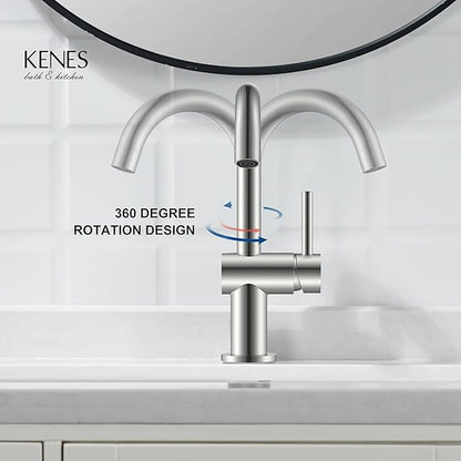 KENES Brushed Nickel Bathroom Faucet Single Handle Modern Prep Wet Bar Sink Faucet Bathroom Sink Faucets with Drain Assembly & Deck Plate, Farmhouse RV Camper Outdoor Utility Faucet, KE-9005B