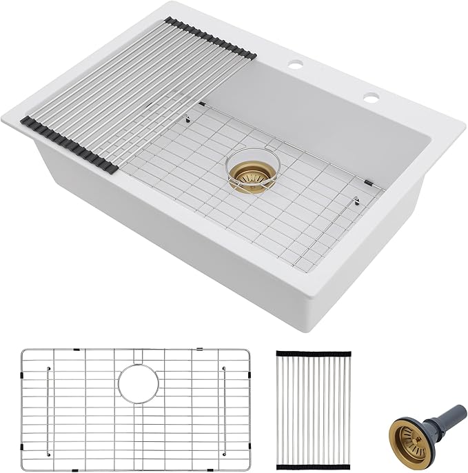 33"×22" Granite Composite Kitchen Sink - Drop-In Top Mount White Granite Quartz Classic Above Counter Single Bowl Sink Basin