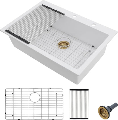 33"×22" Granite Composite Kitchen Sink - Drop-In Top Mount White Granite Quartz Classic Above Counter Single Bowl Sink Basin