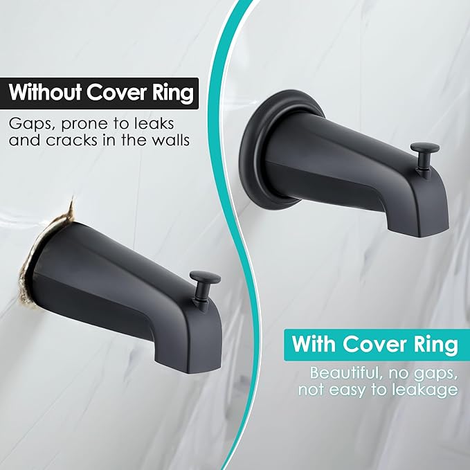 Universal Bathroom Tub Spout with Metal Tub Spout Cover Ring, 5 1/4 Inches Reach Wall Front Mount Faucet with Shower Diverter 1/2" IPS Inside Thread(Matte Black)