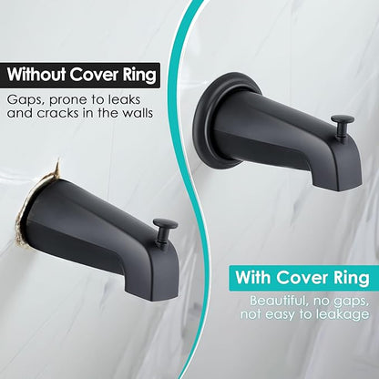 Universal Bathroom Tub Spout with Metal Tub Spout Cover Ring, 5 1/4 Inches Reach Wall Front Mount Faucet with Shower Diverter 1/2" IPS Inside Thread(Matte Black)