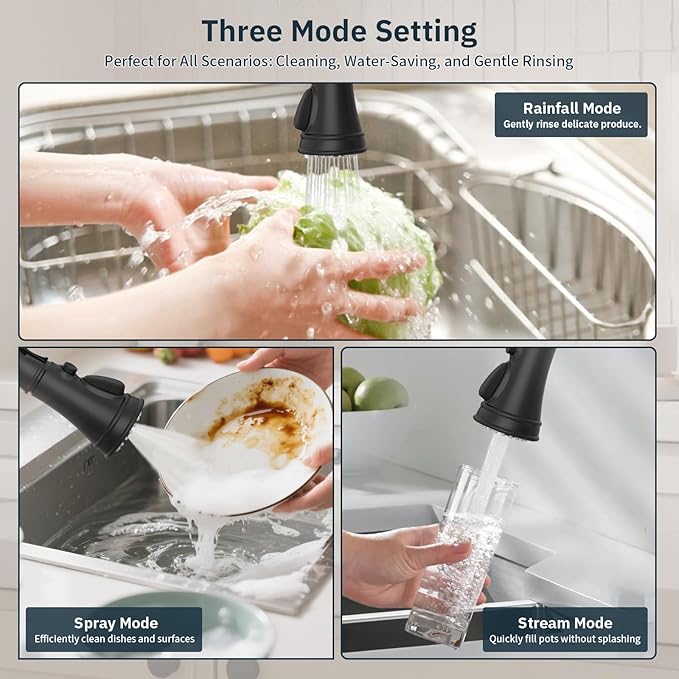 BWE Black and Gold Kitchen Faucet with Pull Down Sprayer Single Handle High Arc Spring Commercial 3 Functions Kitchen Sink Faucet Solid Brass with 10" Deck Plate for Sink 1 or 3 Holes