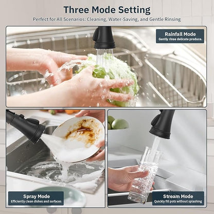 BWE Black and Gold Kitchen Faucet with Pull Down Sprayer Single Handle High Arc Spring Commercial 3 Functions Kitchen Sink Faucet Solid Brass with 10" Deck Plate for Sink 1 or 3 Holes