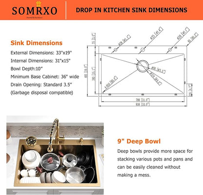 33x19 Drop in Kitchen Sink with Faucet Combo - Stainless Steel Gold Single Bowl Sink with Cup Washer, 9 Inch Deep Top Mount Design for Modern Kitchens