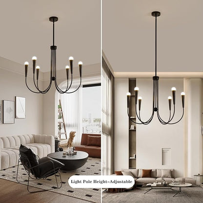 Farmhouse Chandelier,6-Lights Industrial Rustic Dining Room Pendant Light,Adjustable Hanging Candle Light Fixtures for Kitchen Island Living Room Foyer (Black-6 Lights)
