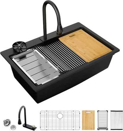 Sarlai Waterfall Kitchen Sink - Granite Composite Black Kitchen Sink 33 Inch Drop In Topmount Workstation Granite Matte Black Quartz Single Bowl Multifunction Sinks with Waterfall