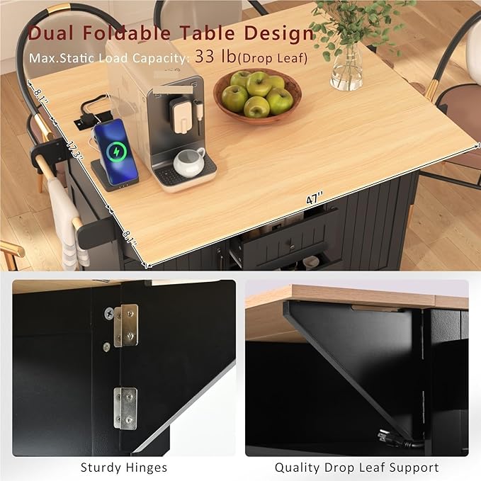 Large Kitchen Island with 2 Drop Leaf Rolling Cart with Power Outlet Folding Storage Dining Table with Spice and Towel Rack Practical(Black)