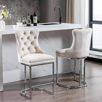 26" Counter Height Bar Stools Set of 2, Beige Velvet Upholstered Kitchen Island Chairs with Button Back, Rivet Trim, Sturdy Chromed Metal Base, Ergonomic High Back for Dining Room