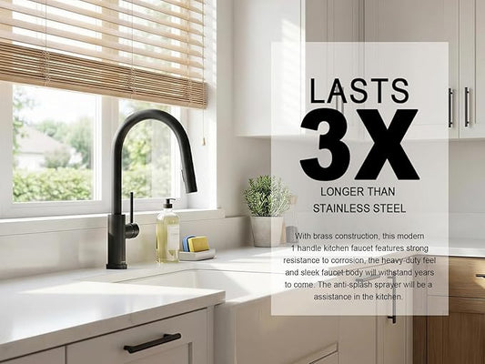 Lava Odoro Matte Black Kitchen Faucet with Pull Down Sprayer, Modern Kitchen Sink Faucet Single Hole Black Faucet for Kitchen Sink with 2-Function Spray Head, Deck Plate Included, KF1120-MB