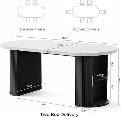 IRONCK 71" Oval Dining Table for 4-6 with Hidden Storage, Modern Farmhouse Kitchen Table with Fluted Semi-Cylindrical Legs, Faux Quartz Top for Dining Room, Kitchen, Living Room & Home Office (Black)