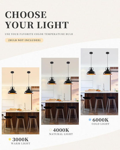 Black Pendant Lights Farmhouse Pendant Light Fixture 11.5in 2 Pack, Adjustable Height, Vintage Pendant Lights for Kitchen Island, Dining Room Barn, Bar, Living Room