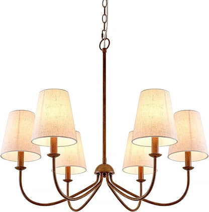 Chandelier, Retro Antique Brown with White Beige Fabric Shade, 6-Light 28" Country Rustic Farmhouse Linear Pendant Lighting Fixture for Kitchen Island Dining Living Room Bedroom