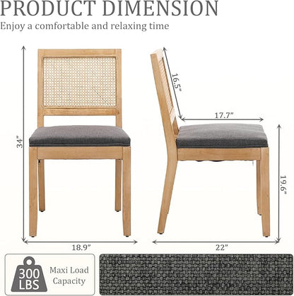Modern Wooden Dining Chair Set of 4, Farmhouse Kitchen & Dining Room Chair with Solid Wood Legs, Rattan Upholstered Kitchen Chairs for Restaurant/Living Room (Gray, Set of 4)