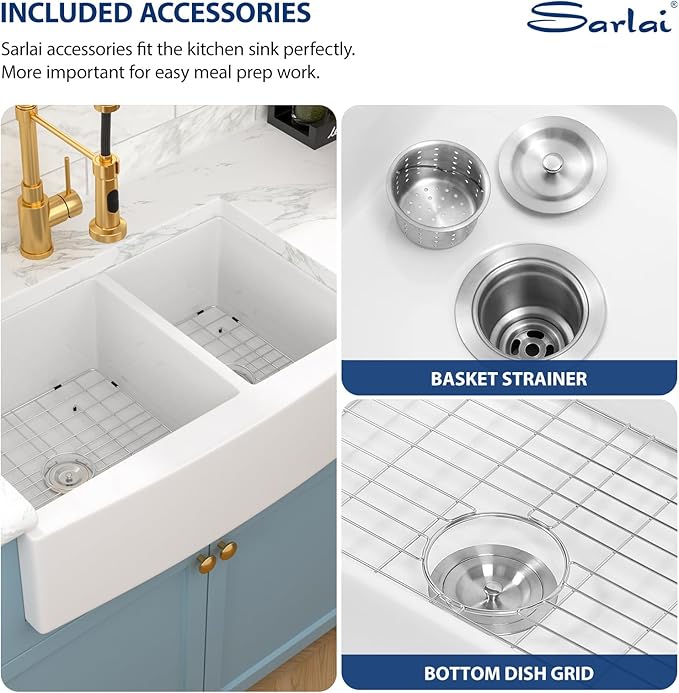 Sarlai 33 Double White Farmhouse Sink - 33 x 21 Inch Kitchen Sink Apron Front Double Bowl 60/40 White Porcelain Ceramic Fireclay Kitchen Farm Sinks Basin