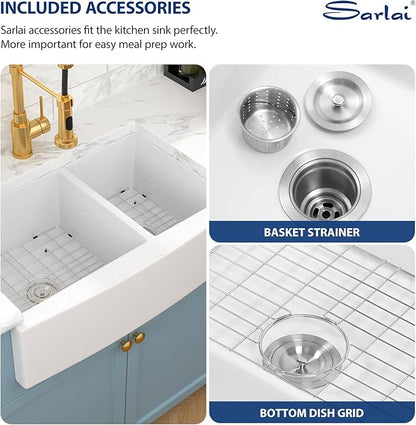 Sarlai 33 Double White Farmhouse Sink - 33 x 21 Inch Kitchen Sink Apron Front Double Bowl 60/40 White Porcelain Ceramic Fireclay Kitchen Farm Sinks Basin