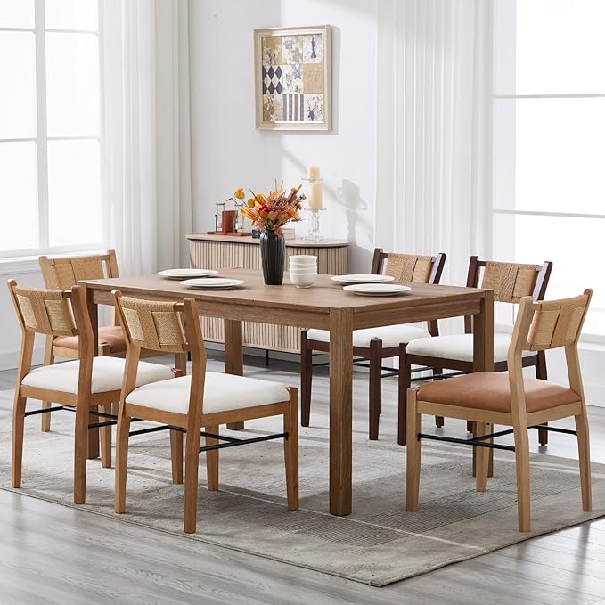 RIVOVA Farmhouse Woven Dining Chairs Set of 6 with Weave Paper Rope Back, Beige Linen Upholstered Kitchen & Dining Room Chairs with Natural Wood Legs, Mid-Century Armless Kitchen Side Chair