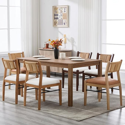 RIVOVA Farmhouse Woven Dining Chairs Set of 6 with Weave Paper Rope Back, Beige Linen Upholstered Kitchen & Dining Room Chairs with Natural Wood Legs, Mid-Century Armless Kitchen Side Chair