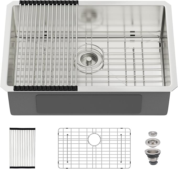 26 Undermount Kitchen Sink 26"x18"x8" Single Bowl 16 Gauge Stainless Steel Under Counter Single Bowl Kitchen Sinks Basin with Drain Strainer