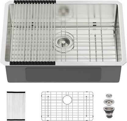 26 Undermount Kitchen Sink 26"x18"x8" Single Bowl 16 Gauge Stainless Steel Under Counter Single Bowl Kitchen Sinks Basin with Drain Strainer