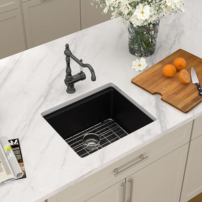 Dcolora 21 In. Black Granite Composite Small Kitchen Sink, Single Bowl Workstation Undermount Prep Sink, Quartz Bar Sink, 21"x18"x9.65" #DC-GBUS25472