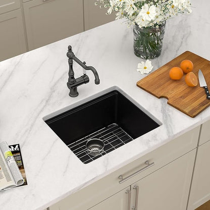 Dcolora 21 In. Black Granite Composite Small Kitchen Sink, Single Bowl Workstation Undermount Prep Sink, Quartz Bar Sink, 21"x18"x9.65" #DC-GBUS25472
