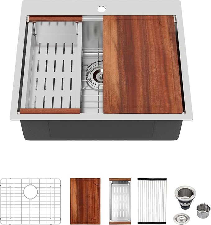 25x22 Drop in Kitchen Sink 25x22x9 Inch Workstation Stainless Steel Sinks 16 Gauge Topmount Single Bowl Kitchen Bar Sink Bowl