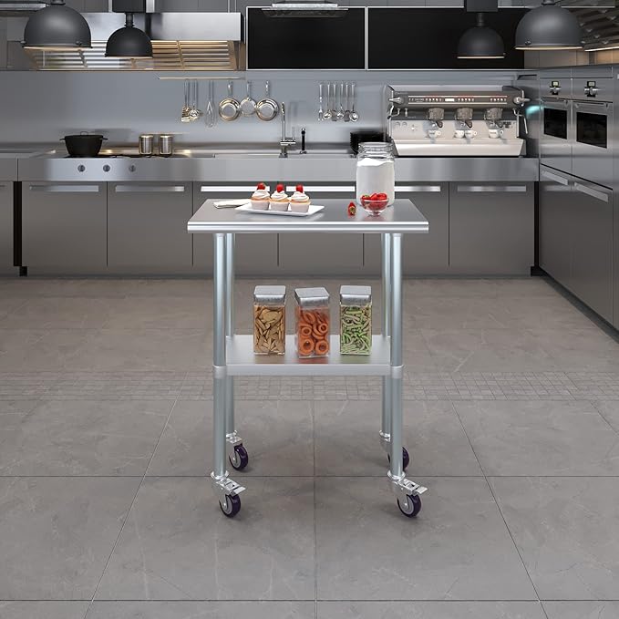 Stainless Steel Work Table with Wheels | NSF Kitchen Island Food Prep | Laundry Garage Utility Bench (Table + Wheels, 30" Long x 18" Deep)