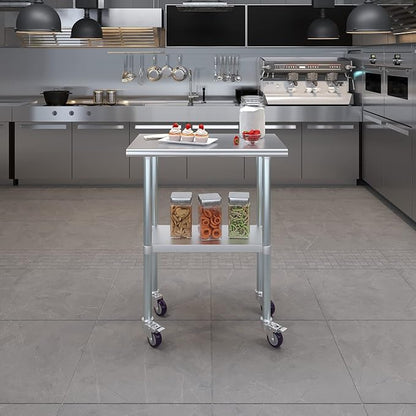 Stainless Steel Work Table with Wheels | NSF Kitchen Island Food Prep | Laundry Garage Utility Bench (Table + Wheels, 30" Long x 18" Deep)