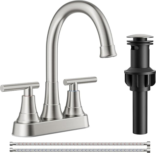 FORIOUS Centerset Bathroom Faucets for Sink 2 or 3 Hole, Brushed Nickel 4 Inch Bathroom Sink Faucet with Pop up Drain and cUPC Hose, 360° spout, Two Handles for Restroom,Vanity, RV Remodel