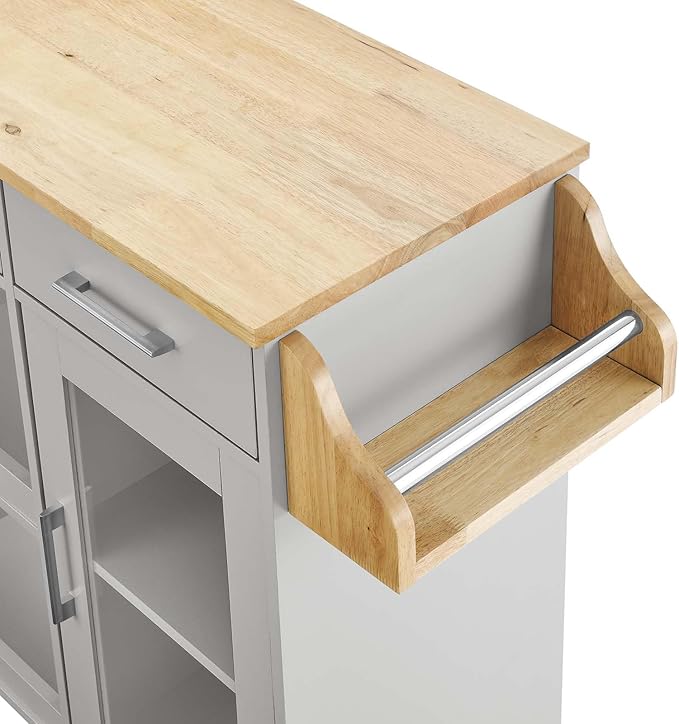 Modway Culinary Rolling Kitchen Cart with Storage in Light Gray Natural - 3 Tiers Kitchen Island on Wheels with Spice Rack, Functional as a Coffee Station, Bar Cabinet or Butcher Block Island