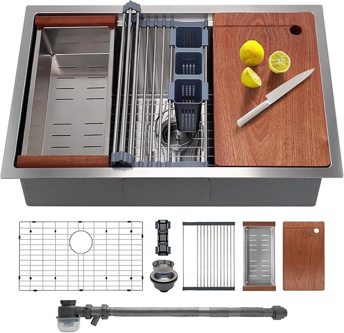 SANYCASA 36 Inch Undermount Kitchen Sink with Quiet Drain - 11 Gauge Stainless Steel, Single Bowl - Multifunctional Handmade Modern Integrated Ledge Workstation Set -