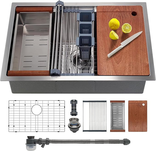 SANYCASA 28 Inch Undermount Kitchen Sink with Quiet Drain - 11 Gauge Stainless Steel, Single Bowl - Multifunctional Handmade Modern Integrated Ledge Workstation Set -