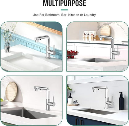 CREA Single Handle Bar Faucet with Pull Out Sprayer - Chrome,3 Hole, Deck Plate,Mini Prep Faucet for Kitchen,Bathroom and Outdoor Use