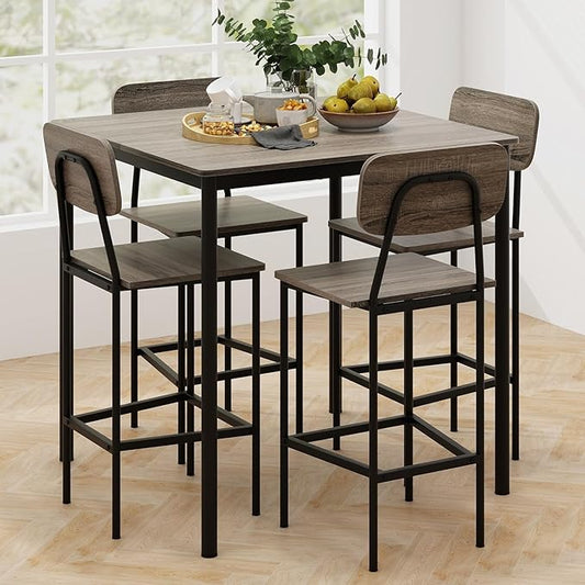KOTEK 5-Piece Counter Height Dining Table Set, Industrial Kitchen Table and Chairs for 4, Space-Saving Dinette Set with Bar Stools for Dining Room, Pub, Restaurant (Grey Oak)